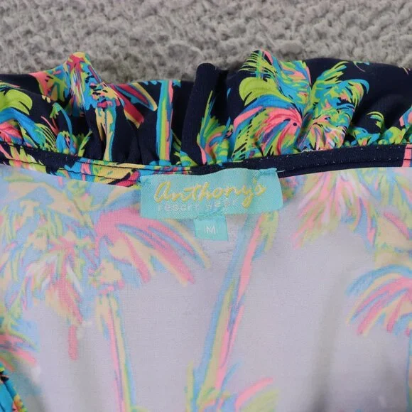 Anthony’s Resort Wear Top Womens M Blue Multicolor Palm Tree Ruffle V Neck - Picture 4 of 9